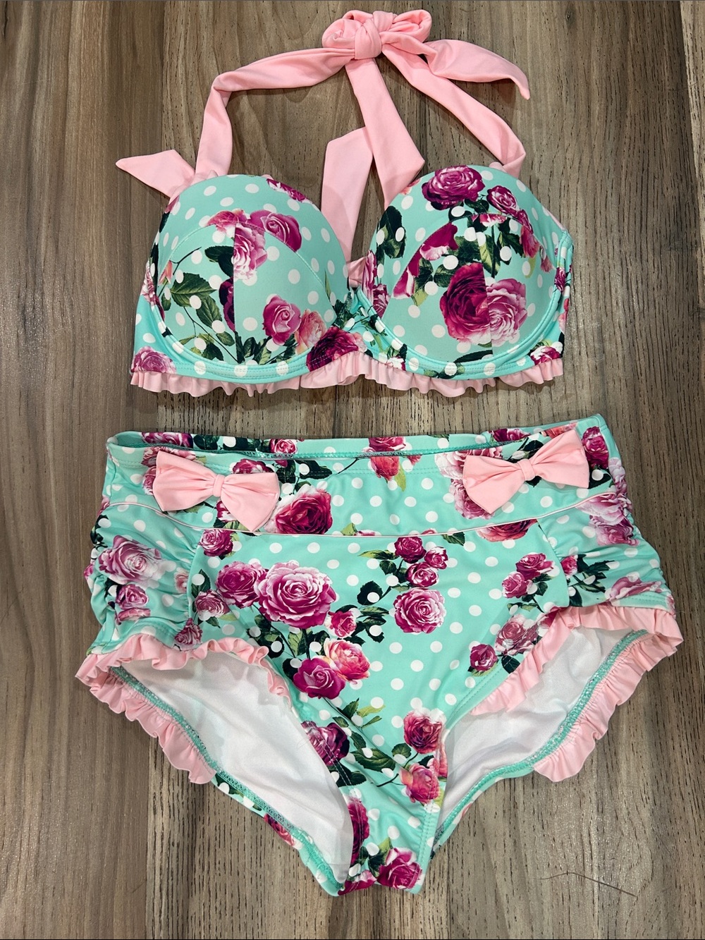 Hot Topic Mint Floral Polka Dot Two-Piece Bikini with Pink Accents